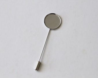 10 pieces of Lapel Pin Hardware , 20mm Tray Setting with Serrated Edge, 65mm Pin Length , comes with Cap , Silver Color