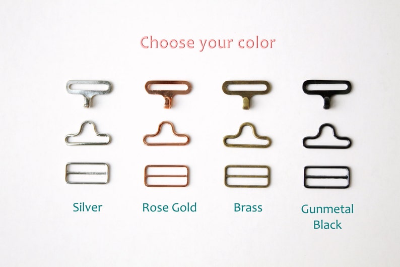 May include: Four sets of metal bra strap sliders in silver, rose gold, brass, and gunmetal black. Choose your color.