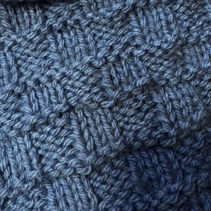 Pu&ograve; includere: Una vista ravvicinata di un tessuto lavorato a maglia blu scuro con un motivo a intreccio testurizzato. Il filato mostra sottili variazioni di tono, creando una profondit&agrave; di colore attraverso i quadrati intrecciati della struttura.