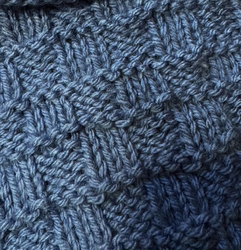Pu&ograve; includere: Una vista ravvicinata di un tessuto lavorato a maglia blu scuro con un motivo a intreccio testurizzato. Il filato mostra sottili variazioni di tono, creando una profondit&agrave; di colore attraverso i quadrati intrecciati della struttura.