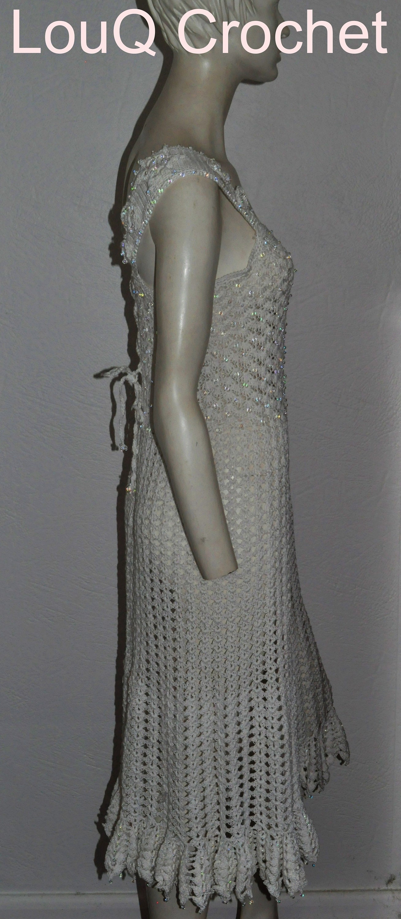Crocheted Beaded White Lace Up Dress.