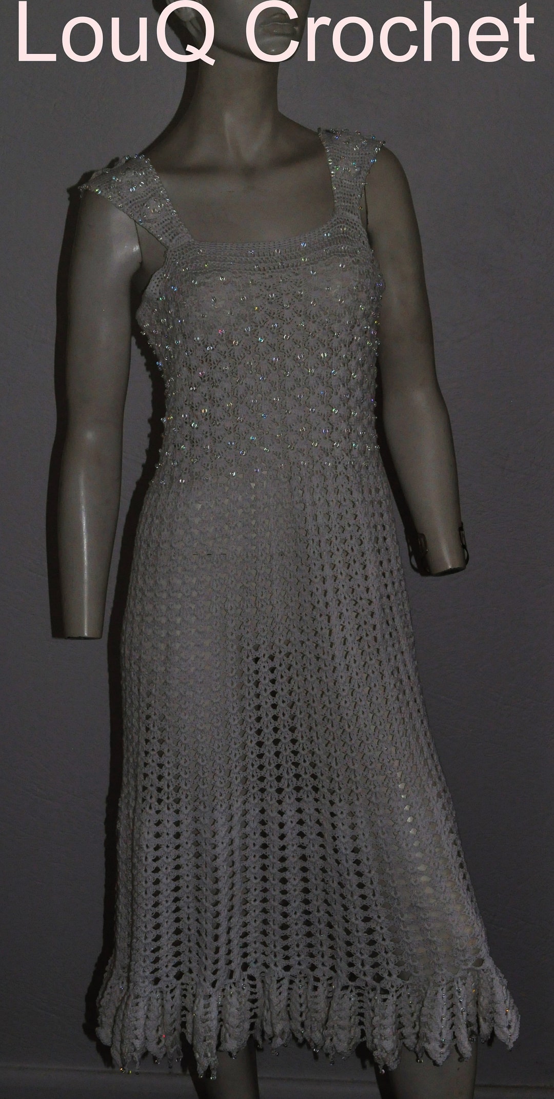 Crocheted Beaded White Lace Up Dress.