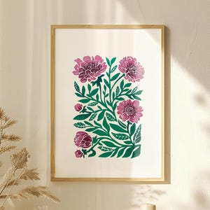 Affiche A3 Flower Market en linogravure - impression originale faite à la main - Couleur rose et vert
