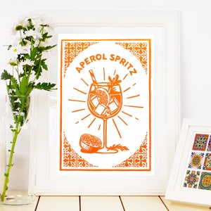 Póster linograbado Aperol Spritz A4 - Italia retro - Impresión original hecha a mano - Color naranja