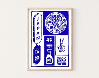 A4 Japan Food linocut poster - bento - noodles - Japan - original handmade print - Blue color