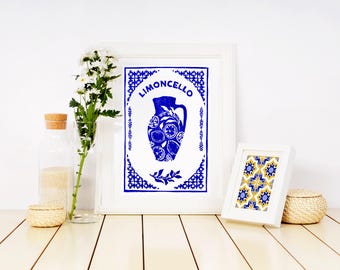 A4 Limoncello linocut poster - lemon pattern - Italy - original handmade print - Blue color
