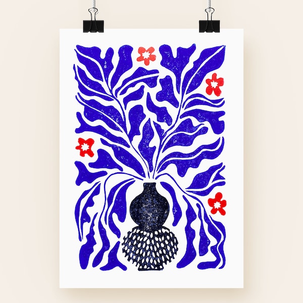 A4 Zeewier bloemen poster in linocut - bladeren - zeewier - decoratie - originele handgemaakte print - Blauwe en rode kleur