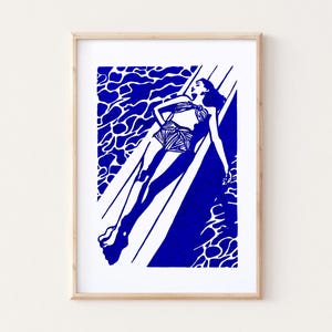A3 Summertime Linocut Poster - Original Handmade Print - Blue Color