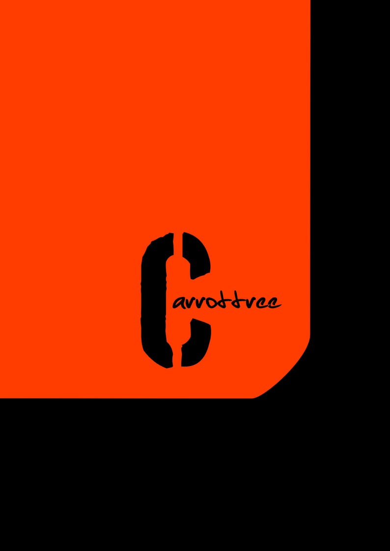 Peut inclure: Un design graphique pr&eacute;sentant un champ rectangulaire orange vif avec un coin inf&eacute;rieur droit arrondi sur un fond noir. Une grande lettre C noire et grasse est centr&eacute;e, avec le texte en minuscules "carrot tree" &eacute;crit en &eacute;criture noire.