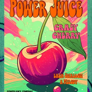 May include: A vibrant graphic print featuring a large red cherry with a green leaf and stem. The text reads POWER JUICE, CRAZY CHERRY, EACH SHALLOW A MELODY, and POWERJUICE COMPANY STOCKTON/CALIFORNIA. The background displays orange and green rays.