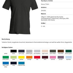 Peut inclure: Un t-shirt noir &agrave; manches courtes avec une encolure ronde. L'image pr&eacute;sente les d&eacute;tails du produit Kariban mod&egrave;le K356, indiquant une mati&egrave;re en coton peign&eacute; 180g/m2, disponible en tailles S-4XL, avec une palette de couleurs vari&eacute;es.