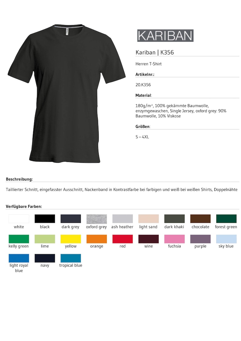 Peut inclure: Un t-shirt noir &agrave; manches courtes avec une encolure ronde. L'image pr&eacute;sente les d&eacute;tails du produit Kariban mod&egrave;le K356, indiquant une mati&egrave;re en coton peign&eacute; 180g/m2, disponible en tailles S-4XL, avec une palette de couleurs vari&eacute;es.