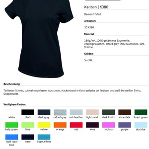 May include: A solid black short-sleeved t-shirt with a crew neckline. The image includes product information for Kariban model K380, listing material as 180g/m2 100% combed cotton, and displays a color palette of twenty-one available fabric options.
