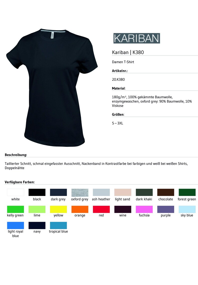 May include: A solid black short-sleeved t-shirt with a crew neckline. The image includes product information for Kariban model K380, listing material as 180g/m2 100% combed cotton, and displays a color palette of twenty-one available fabric options.