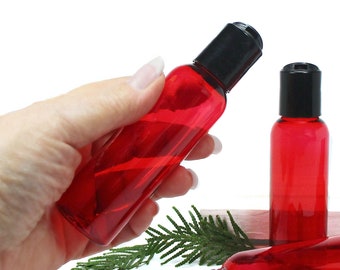 2 oz squeeze bottles, set of 3 red plastic bottles, empty bathroom or travel bottles for shampoo lotion or soap with disc dispenser caps