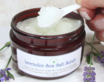 Lavender Sea Salt Scrub with essential oil, a Mother's Day spa gift of Dead Sea Salt body scrub and exfoliating hand or foot scrub mom gift