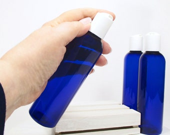 4 oz squeeze bottles, set of 3 blue plastic bottles and white disc bottle caps for bathroom soap dispenser shampoo and lotion