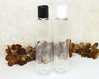 8 oz plastic bottle, set of 2 clear squeeze bottles, empty bottles with Black or White caps, shampoo bottles lotion or dish soap dispenser