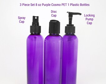 8 oz plastic bottles set of 3 Purple empty plastic bottles includes 1 Pump bottle 1 Spray bottle 1 Disc bottle cap