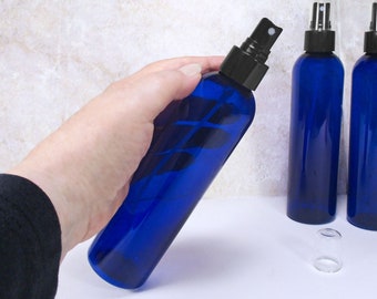8 oz spray bottle, set of 2 blue plastic bottles with black spray atomizer refillable bathroom mist spray plant spray or fabric spray bottle