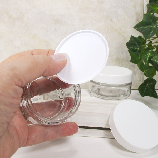 2 oz plastic jars set of 4 clear small jars with lids and white disc liners, PET plastic kitchen bathroom or cosmetic storage jars