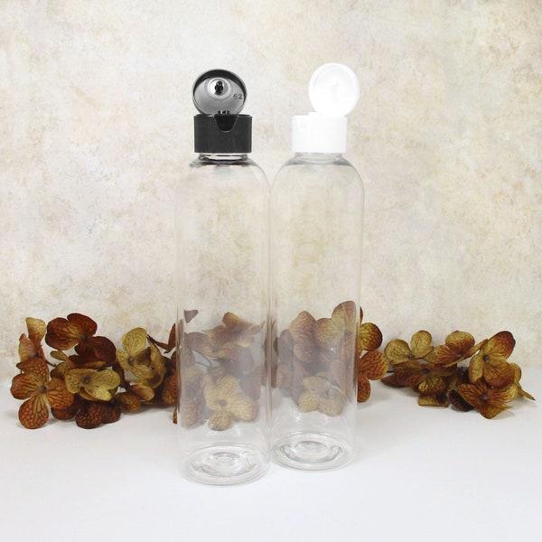 8 oz clear squeeze bottle, set of 2 plastic bottles, Black OR White flip top bottle caps for shampoo bottles, lotion or dish soap dispenser