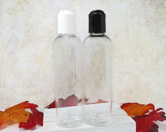 4 oz squeeze bottles, set of 3 Clear refillable plastic bottles with Black OR White disc dispenser bottle cap for bathroom shampoo or lotion
