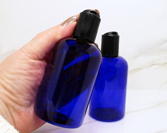 4 oz plastic bottles set of 3 bottles blue Boston round bottles squeeze bottles black disc dispenser bottle caps for shampoo and lotion