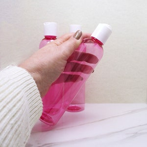 8 oz Pink squeeze bottles, set of 3 Cosmo round empty plastic bottles with white disc dispenser caps