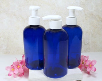8 oz pump bottle, set of 3 blue Boston round plastic bottles, White locking pump dispenser bathroom bottle set for soap shampoo or lotion