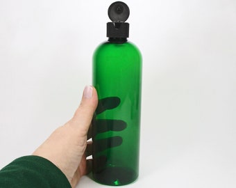 16 oz plastic bottles set of 2 green bottles empty squeeze bottles with Black Flip Top bottle cap for shampoo lotion or dish soap