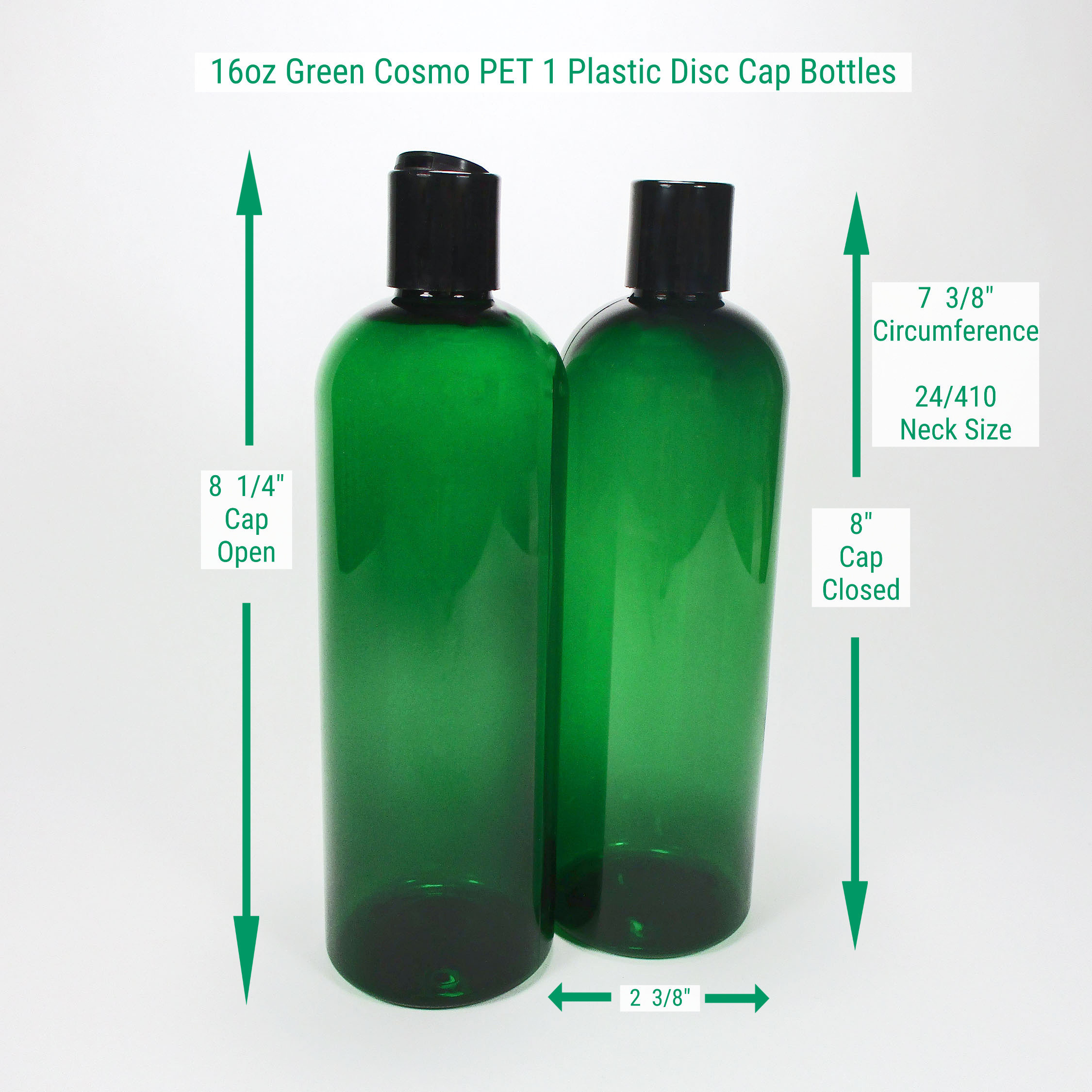 16 Oz Green Plastic Bottles Set of 2 Cosmo Round Empty Bottles 1 Pump Bottle  and 1 Squeeze Bottle With Dispenser Cap 