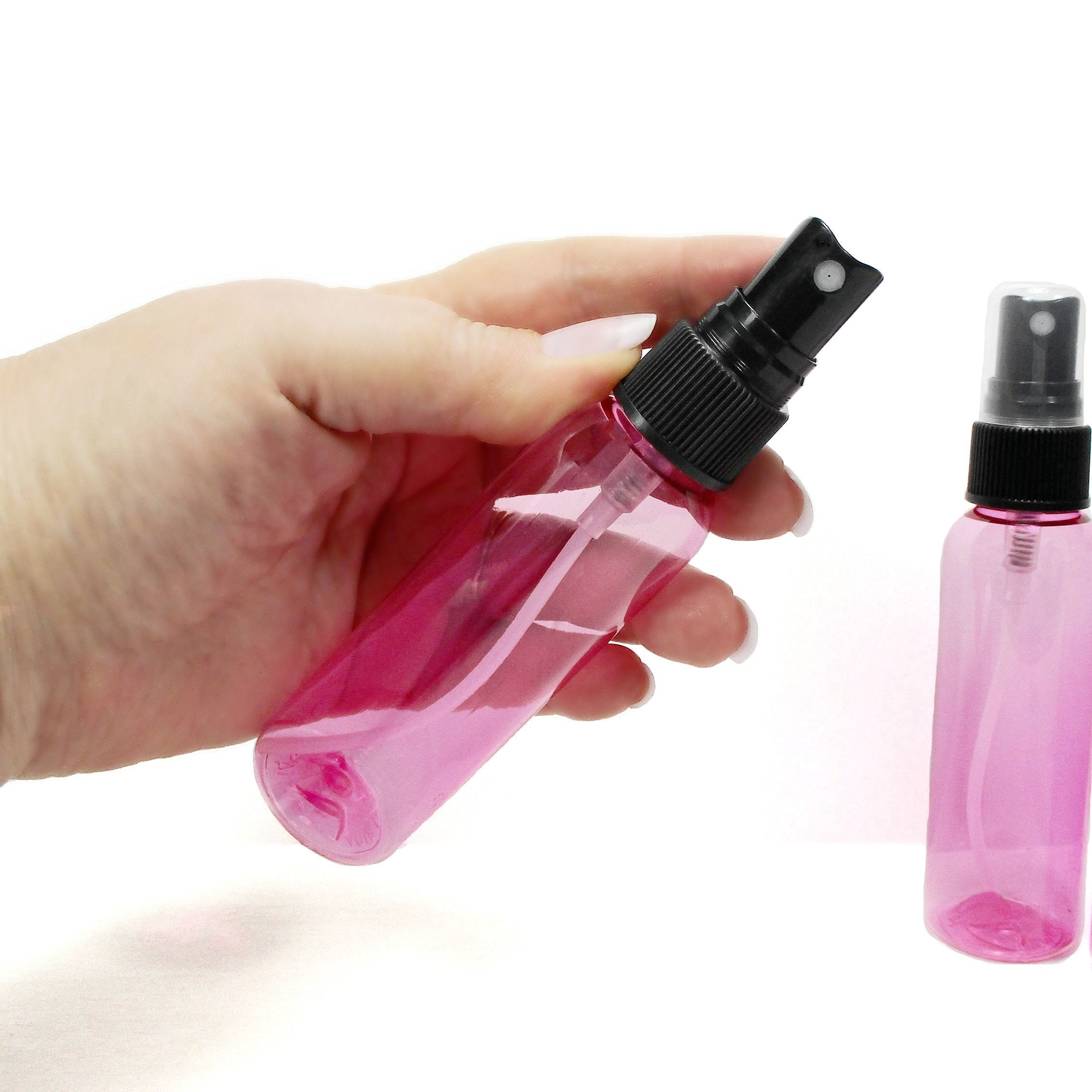 2 oz Pink spray bottles, set of 3 empty small plastic bottles with black fine mist atomizer