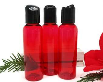 2 oz squeeze bottles, set of 3 red plastic bottles, empty refillable travel or bathroom bottles for shampoo or soap with disc dispenser caps