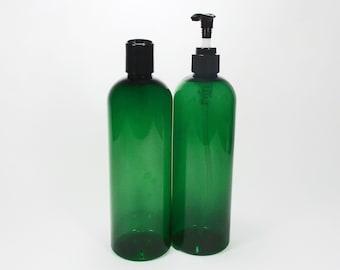 16 oz green plastic bottles set of 2 Cosmo round empty bottles 1 Pump bottle and 1 Squeeze bottle with dispenser cap