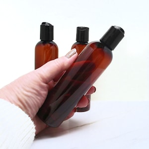4 oz amber plastic bottles, set of 3 bathroom squeeze bottles with disc dispenser bottle caps