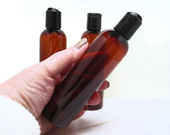4 oz amber plastic bottles, set of 3 bathroom squeeze bottles with disc dispenser bottle caps