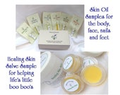 Organic skin care, samples, hair growth, dry hair oil, organic facial oil, eye treatment serum, organic body oil, healing salve