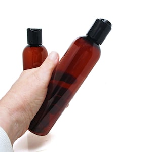 8 oz amber plastic bottles set of 2 bottles, Cosmo empty squeeze bottles with Black or White disc dispenser cap