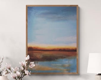 Textured Abstract Landscape Painting: Light Blue Sunset, Modern Farmhouse and Coastal Wall Decor