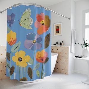 Blue Boho Shower Curtain: Floral Butterfly Design