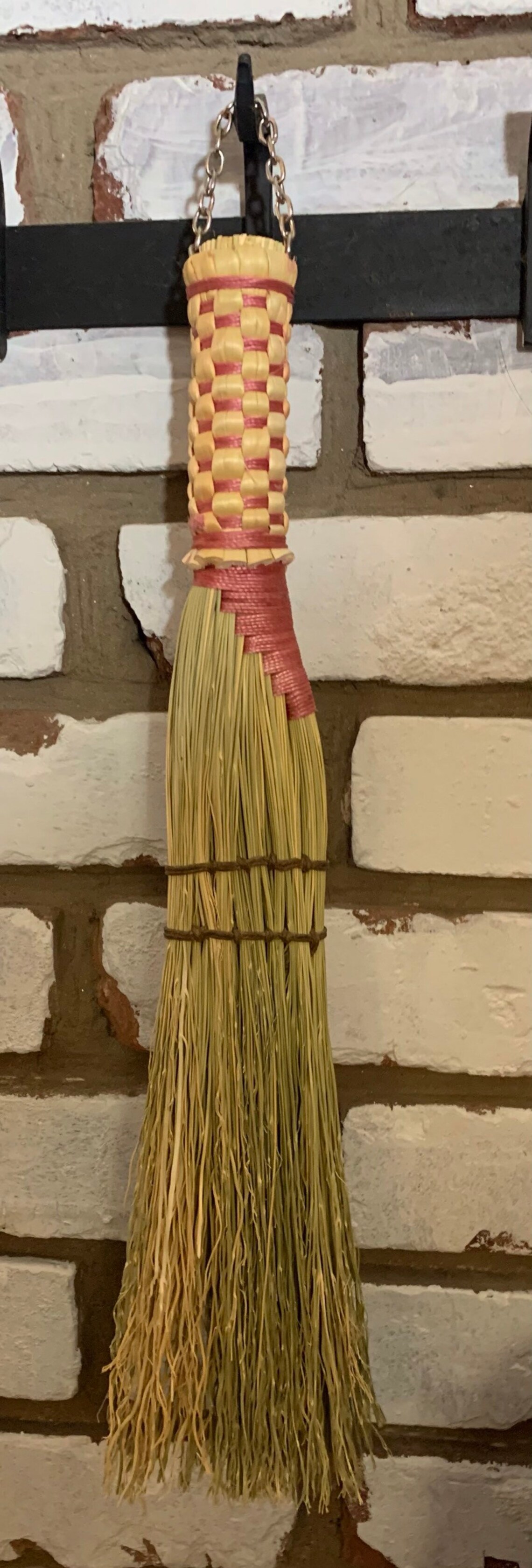 Large hand broom wrapped and plaited with pink twine with a Etsy