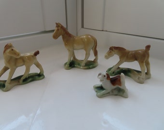 Vintage Rare WADE WHIMSIES - First Whimsies Complete Set from 1956-59 Mare Horse and her 2 Foals and Tiny Beagle Dog