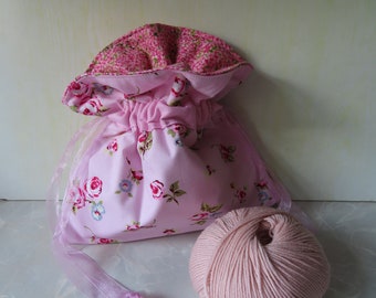 HANDMADE Pretty Rose and Blossom fabric Small Drawstring Bag - Suitable as a One skein Sock, Craft or Notions pouch