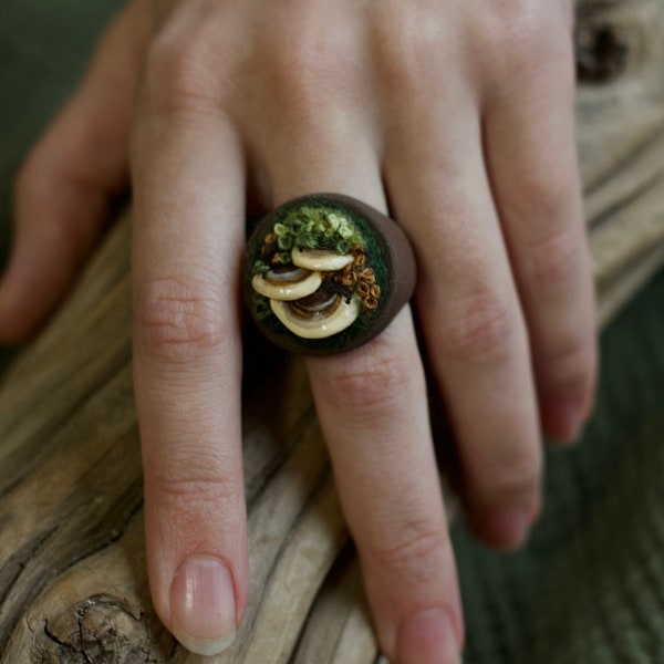 Moss embroidery wooden ring, fairy forest magic jewelry Bark Mushrooms