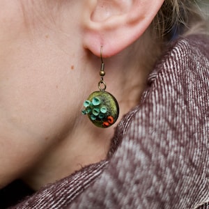 Pixie cup cladonia lichen earrings, miniature moss recrimination polymer clay jewelry