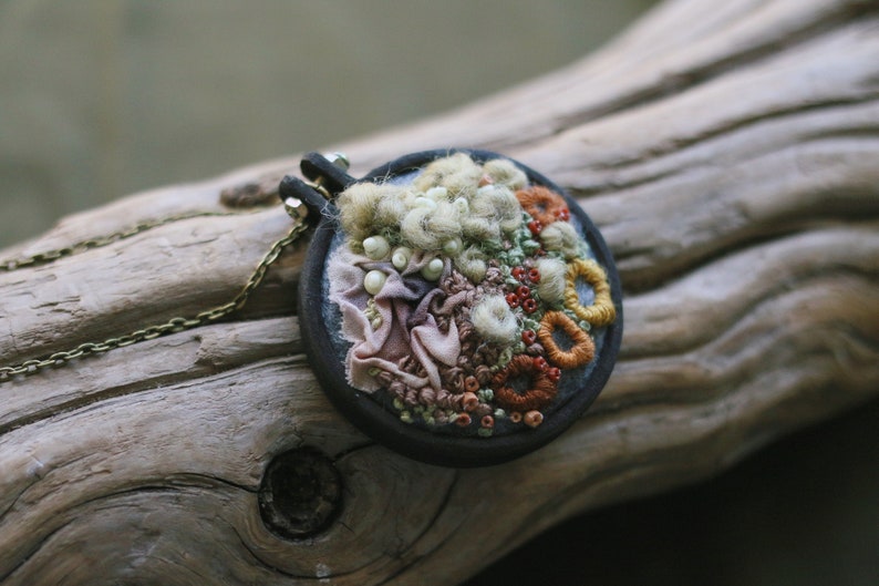 Moss Lichen Fungus Forest Embroidery OOAK Natural Jewelry image 0