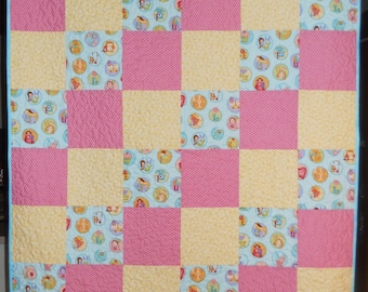 Patchwork ABC Quilt: Turquoise, Pink, Yellow Baby Blanket (35"x47")