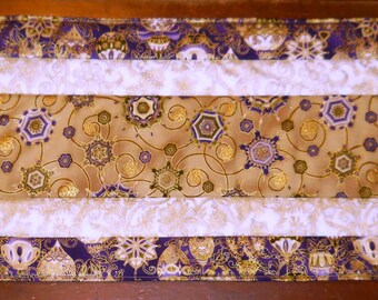 Quilted Holiday Table Runner: Purple, Gold, Metallic Flourish Fabric