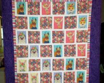 Woodland Animals Baby Quilt: Floral, Purple Minkee Backing (40"x42")